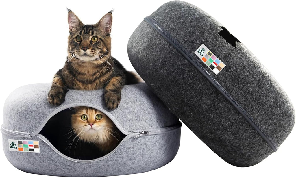 Peekaboo Cat Cave Donut for Multiple & Large Cats up to 30-45 lbs, 3-in-1 Self Warming Cat Bed, Tunnel & Scratcher for Indoor Cats, Washable & Detachable Small Dog Bed (Light Gray, Jumbo)