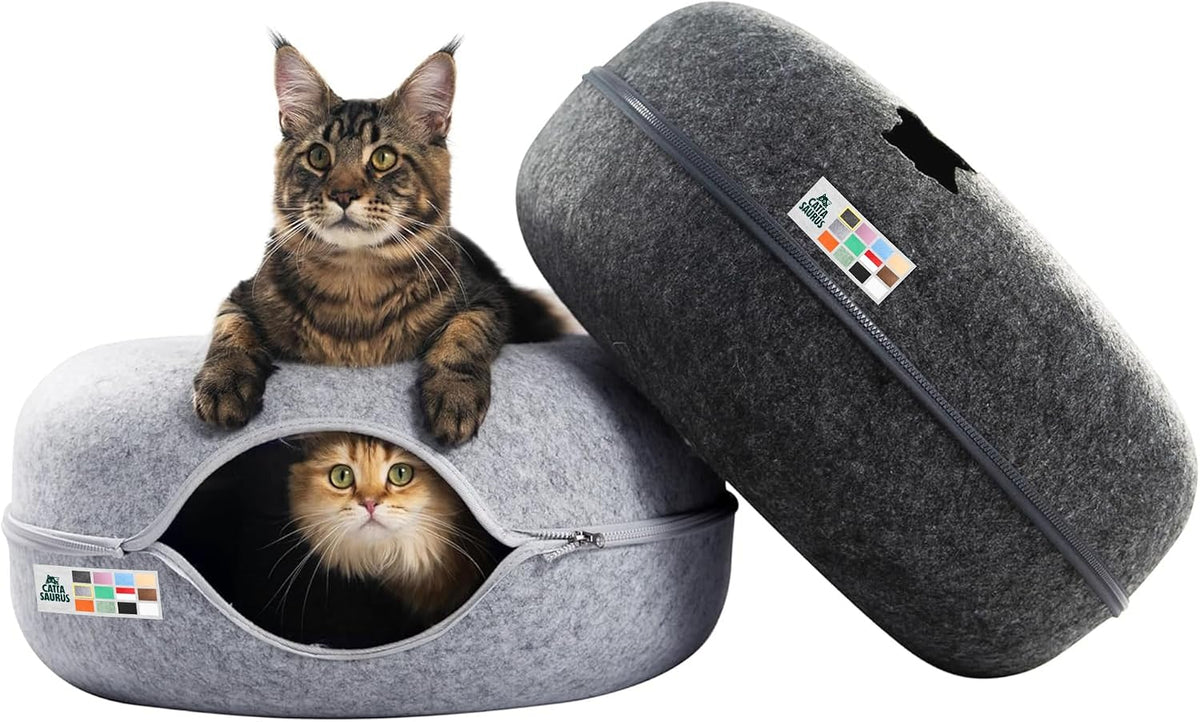 Peekaboo Cat Cave Donut for Multiple & Large Cats up to 30-45 lbs, 3-in-1 Self Warming Cat Bed, Tunnel & Scratcher for Indoor Cats, Washable & Detachable Small Dog Bed (Light Gray, Jumbo)