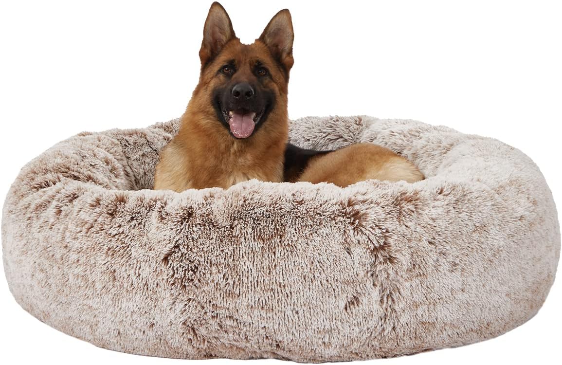 Calming Fluffy Donut Dog Bed for Large Dogs,Dark Grey, 36" Round