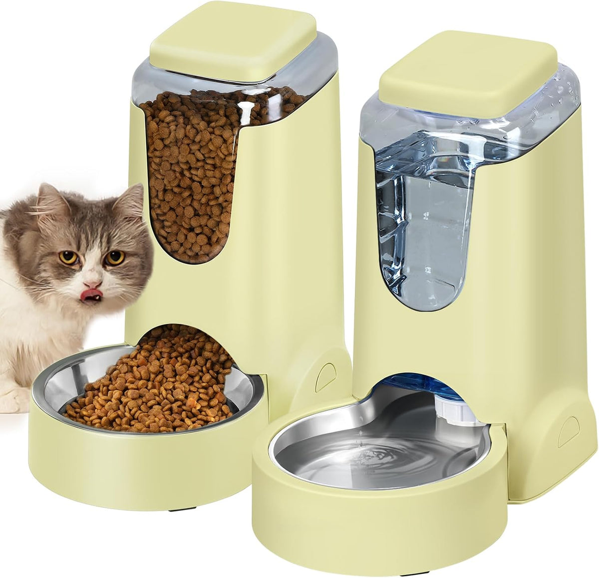 Automatic Cat Feeder and Water Dispenser with Stainless Steel Bowl Dog Gravity Food Feeder and Waterer for Small Medium Pets Puppy Kitten 1 Gallon x 2