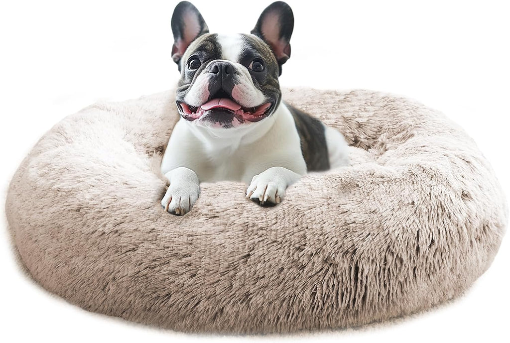 JOLLYVOGUE Calming Dog Bed Medium Size Dog, 31in Donut Washable Medium Pet Bed, Anti-Slip & Anti-Anxiety Fluffy Faux Fur Round Dogs Bed, Fits up to 45 lbs Pets (Smoke Grey)