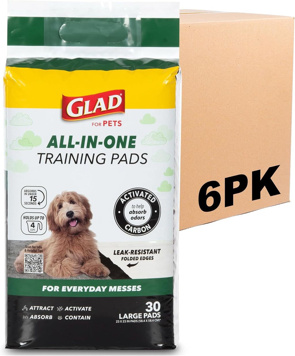 Glad for Pets Black Charcoal Puppy Pads - 6-Layer Leak-Proof Construction, Activated Carbon Odor Control, Pheromone Attractant - Disposable Dog Pee Pads for Potty Training, 23 x 23 in, 100 Count
