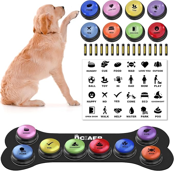 Dog Buttons for Communication,Talking Buttons for Dogs,8 Recordable Sound Buttons + 24 Scene Patterns + 1 Dog Button Mat+ 16 AAA Batteries，30 Seconds Dog Buttons for Pet Sound Training Toy