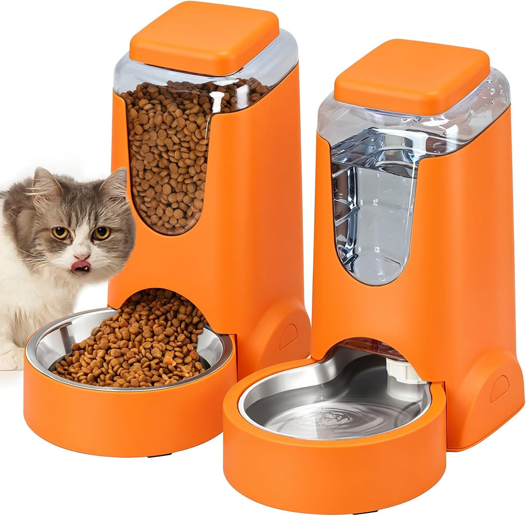 Automatic Cat Feeder and Water Dispenser with Stainless Steel Bowl Dog Gravity Food Feeder and Waterer for Small Medium Pets Puppy Kitten 1 Gallon x 2
