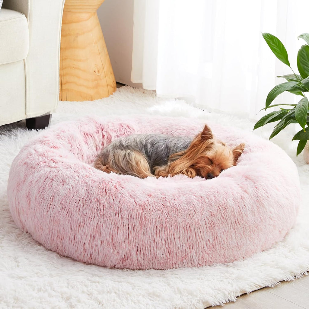 WNPETHOME Small Pink Round Calming Dog Bed Cat Bed for Comfy Sleep