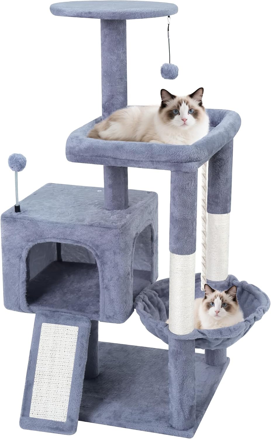 TWDEPART 37.5" All-in-One Cat Tree Tower with Scratching Board & Posts Cozy Sleeping Perch Hammock and Toy Balls,Grey