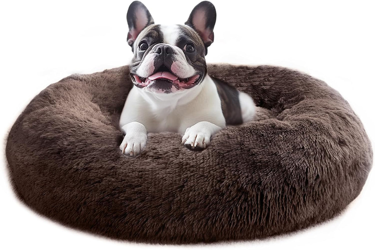 JOLLYVOGUE Calming Dog Bed Medium Size Dog, 31in Donut Washable Medium Pet Bed, Anti-Slip & Anti-Anxiety Fluffy Faux Fur Round Dogs Bed, Fits up to 45 lbs Pets (Smoke Grey)