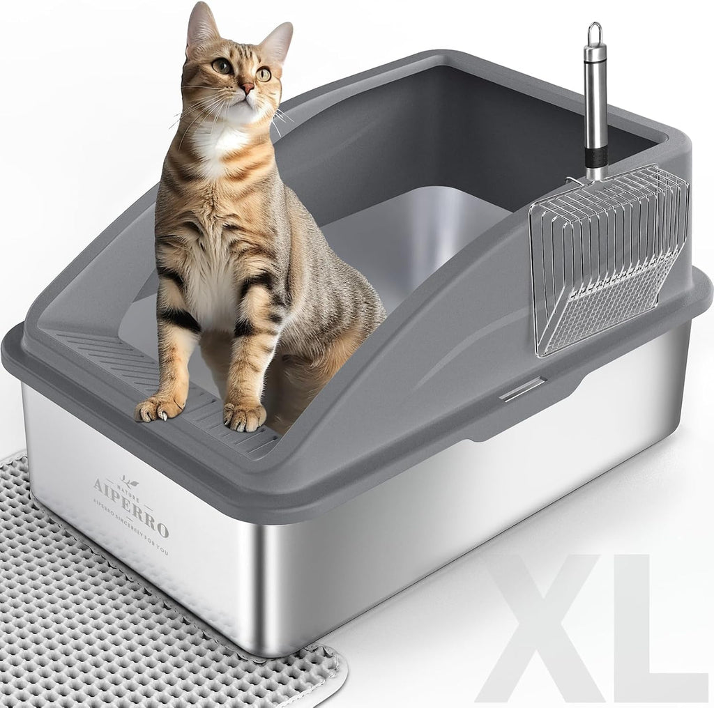 AIPERRO Stainless Steel Litter Box | XL Enclosed Cat Litter Boxes with Lid