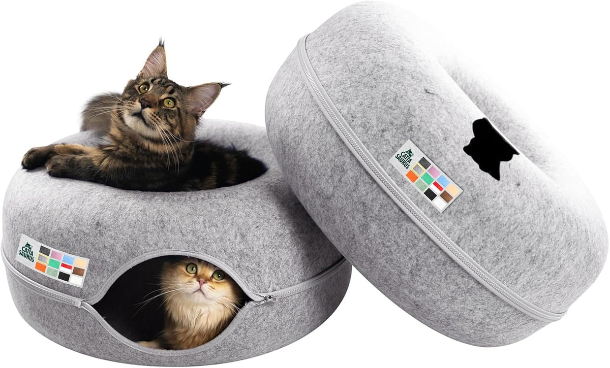 Peekaboo Cat Cave Donut for Multiple & Large Cats up to 30-45 lbs, 3-in-1 Self Warming Cat Bed, Tunnel & Scratcher for Indoor Cats, Washable & Detachable Small Dog Bed (Light Gray, Jumbo)