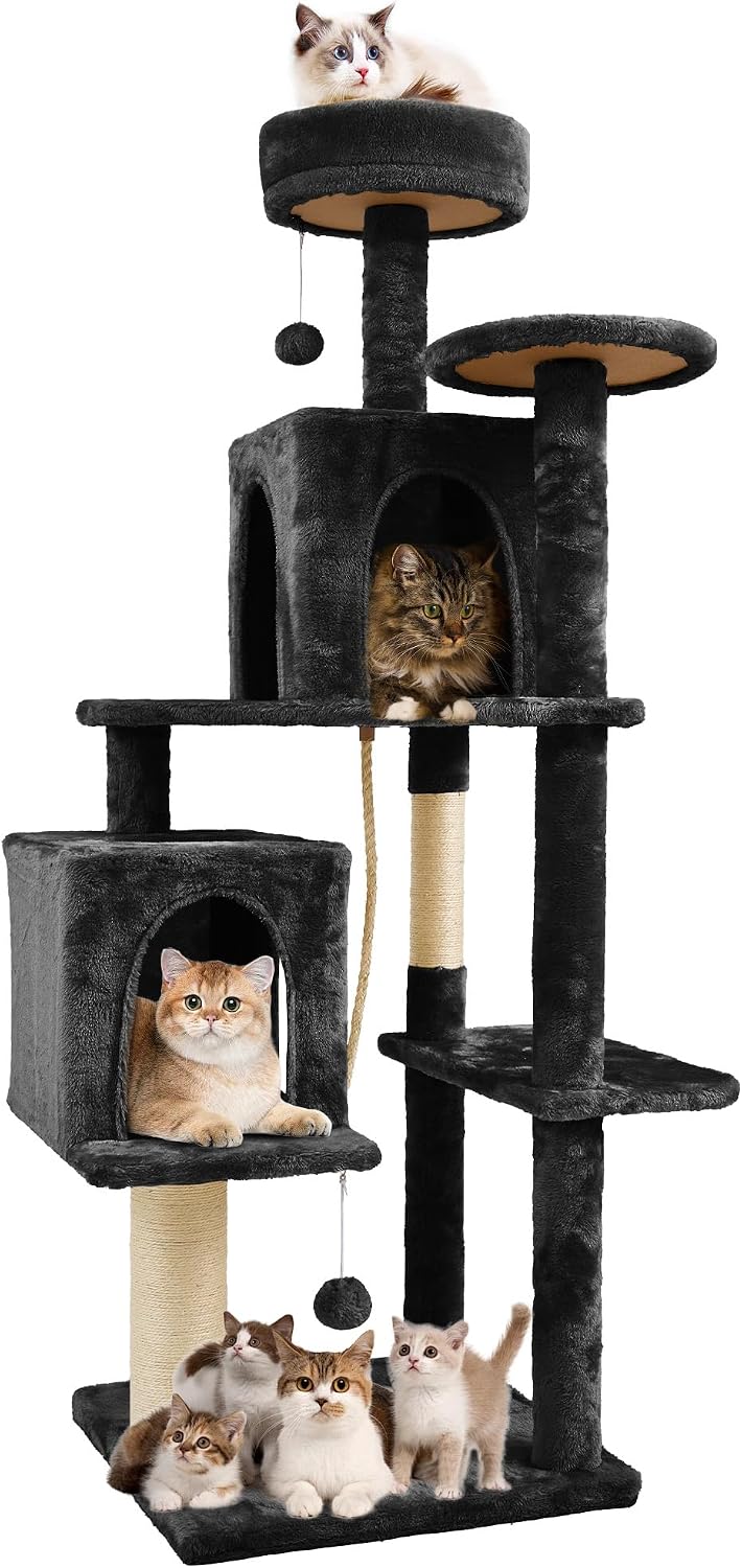 58.5inch Large Cat Tree Tower Condo for Indoor Cats, Soft Plush Multi-Level Climbing Tree Cat House with Cat Cave, Scratching Post, More Entrance/Exit, Sisal Rope, Grey Black