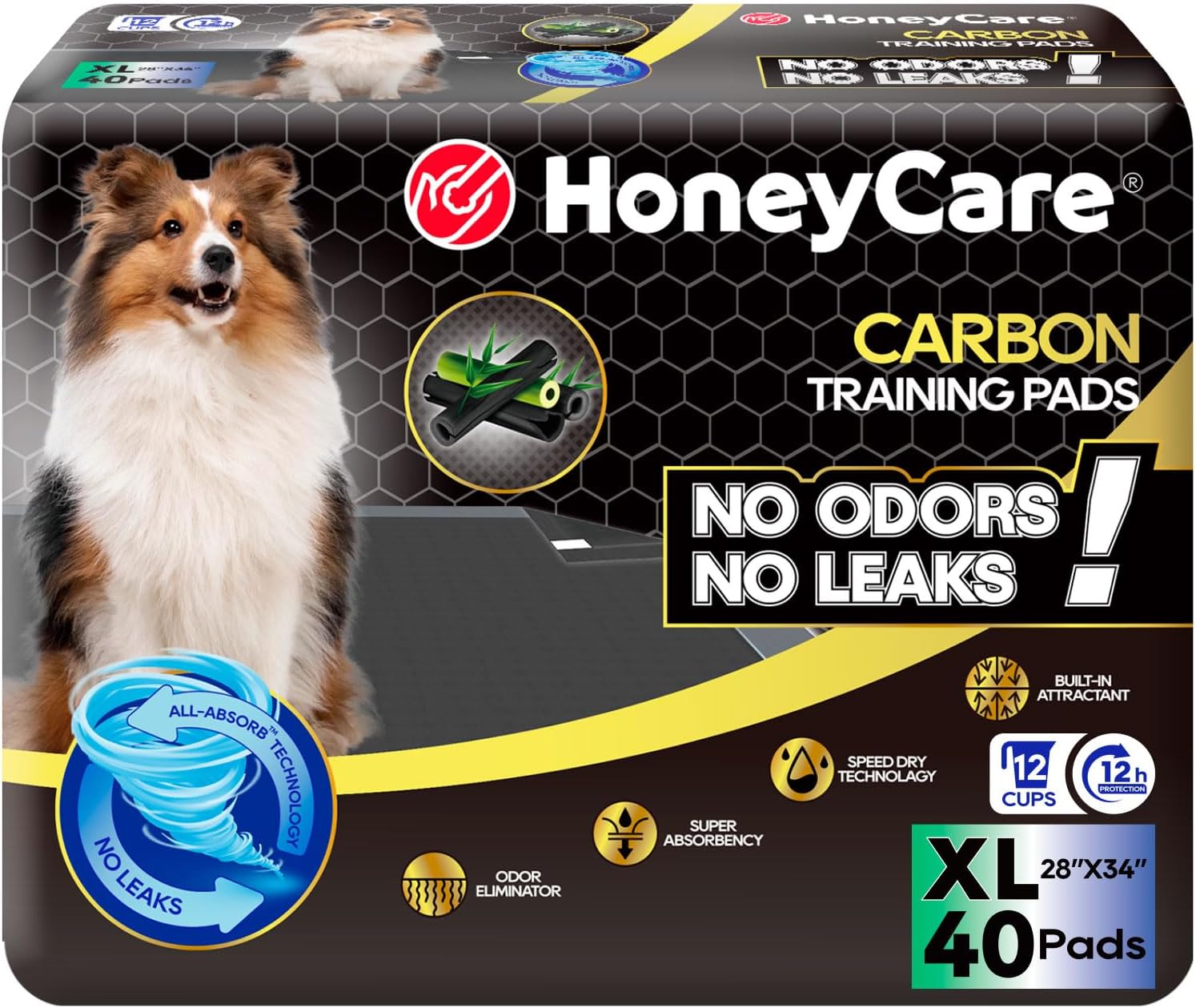 HONEY CARE All-Absorb Puppy Training Pads | Doggie Potty Pads Absorb Eliminating Urine Odor, Ultra Charcoal Dog Pee Pad (Carbon, L 22x23 inch, 100ct)