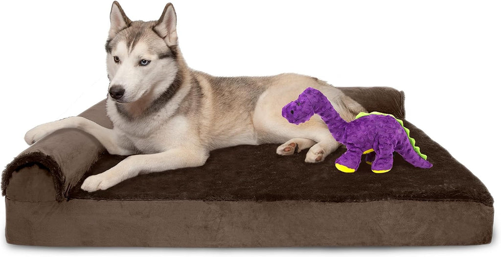 Furhaven Orthopedic Dog Bed for Large Dogs w/ Removable Bolsters & Washable Cover, For Dogs Up to 95 lbs - Two-Tone Plush Faux Fur & Suede L Shaped Chaise - Stone Gray, Jumbo/XL