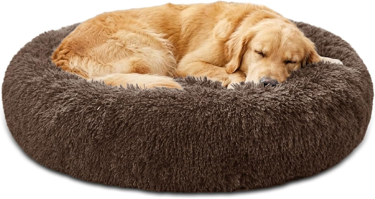 JOLLYVOGUE Calming Dog Bed Medium Size Dog, 31in Donut Washable Medium Pet Bed, Anti-Slip & Anti-Anxiety Fluffy Faux Fur Round Dogs Bed, Fits up to 45 lbs Pets (Smoke Grey)