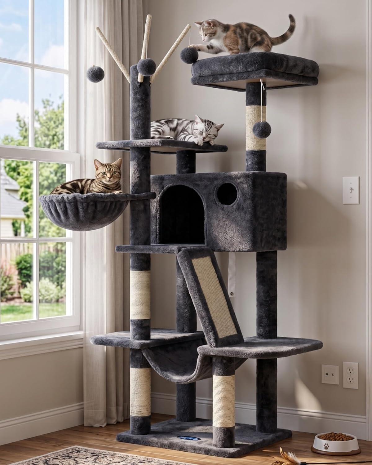 Hey-brother Cat Tree Tower with Padded Platform Bed, Hammock, MPJ019-SG