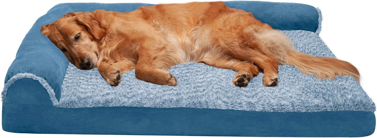 Furhaven Orthopedic Dog Bed for Large Dogs w/ Removable Bolsters & Washable Cover, For Dogs Up to 95 lbs - Two-Tone Plush Faux Fur & Suede L Shaped Chaise - Stone Gray, Jumbo/XL