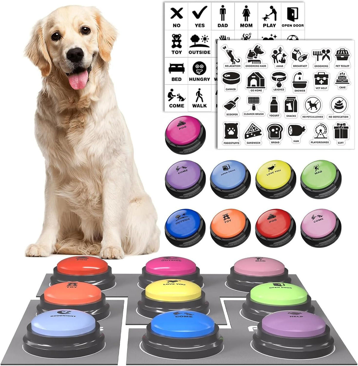 Dog Buttons for Communication, 8 Pcs Dog Talking Button Set, 30s Recordable Voice Pet Buzzer Training Buttons, Speaking Button for Dogs with Waterproof Anti-Slip Dog Button Mat and 48 Scene Stickers