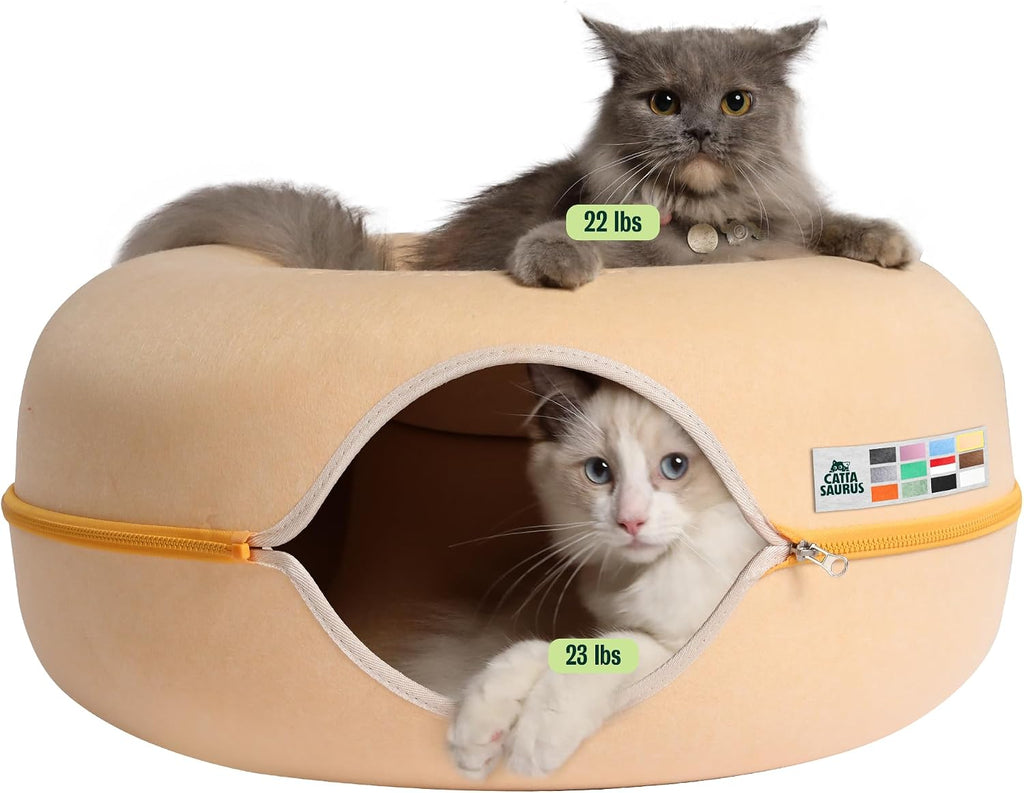 Peekaboo Cat Cave Donut for Multiple & Large Cats up to 30-45 lbs, 3-in-1 Self Warming Cat Bed, Tunnel & Scratcher for Indoor Cats, Washable & Detachable Small Dog Bed (Light Gray, Jumbo)