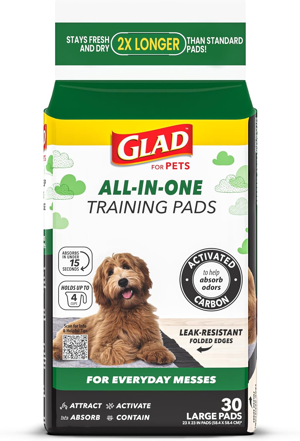 Glad for Pets Black Charcoal Puppy Pads - 6-Layer Leak-Proof Construction, Activated Carbon Odor Control, Pheromone Attractant - Disposable Dog Pee Pads for Potty Training, 23 x 23 in, 100 Count