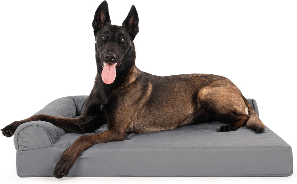Furhaven Orthopedic Dog Bed for Large Dogs w/ Removable Bolsters & Washable Cover, For Dogs Up to 95 lbs - Two-Tone Plush Faux Fur & Suede L Shaped Chaise - Stone Gray, Jumbo/XL