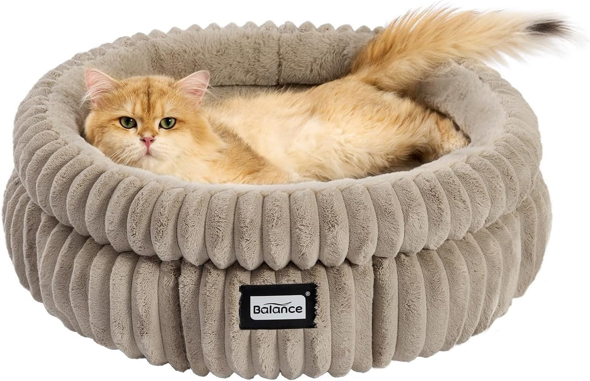 BALANCE Cat Bed Kitten Bed, Washable Round Cat Beds for Indoor Cats, Super Soft Plush Faux Fur Pet Bed for Puppy and Kitten with Anti-Slip Bottom