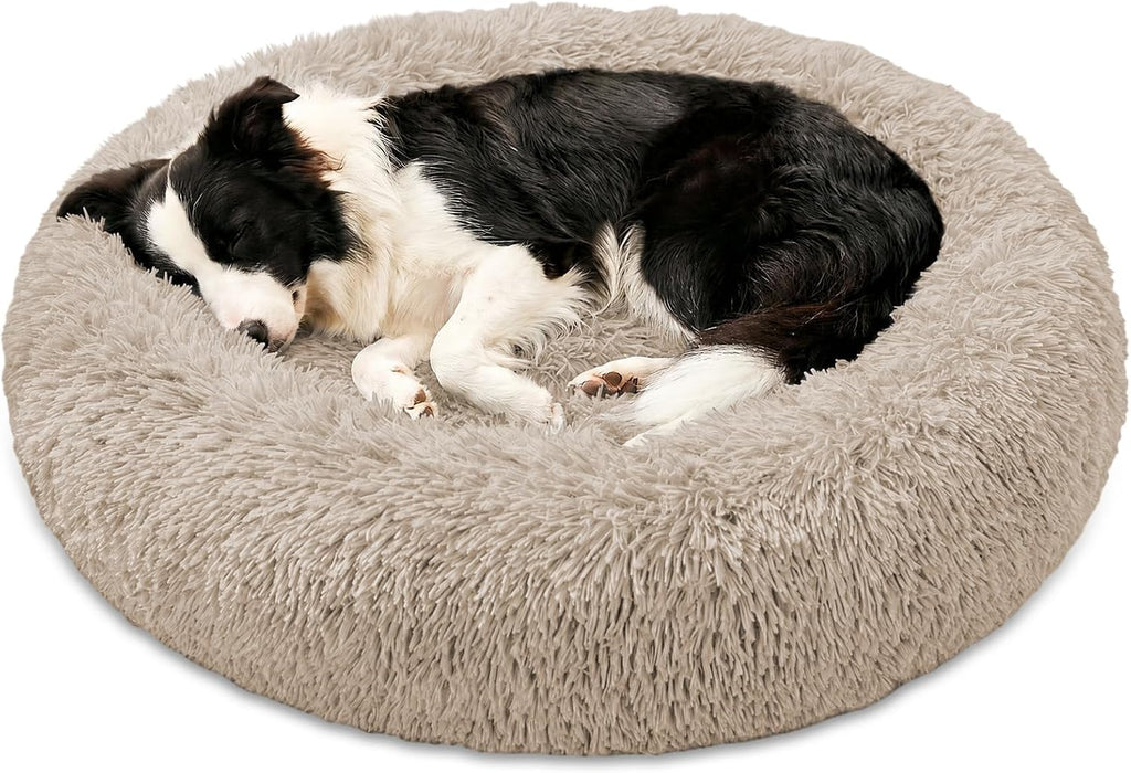 JOLLYVOGUE Calming Dog Bed Medium Size Dog, 31in Donut Washable Medium Pet Bed, Anti-Slip & Anti-Anxiety Fluffy Faux Fur Round Dogs Bed, Fits up to 45 lbs Pets (Smoke Grey)