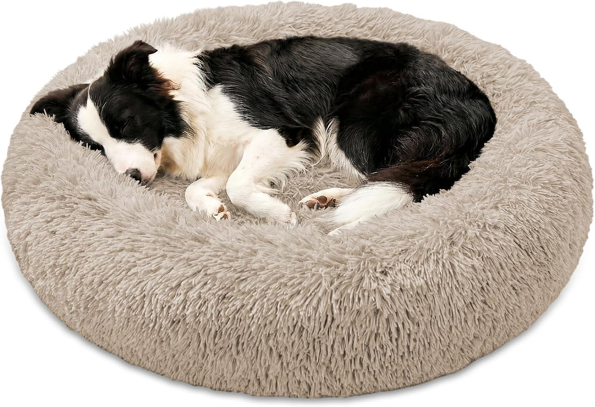 JOLLYVOGUE Calming Dog Bed Medium Size Dog, 31in Donut Washable Medium Pet Bed, Anti-Slip & Anti-Anxiety Fluffy Faux Fur Round Dogs Bed, Fits up to 45 lbs Pets (Smoke Grey)