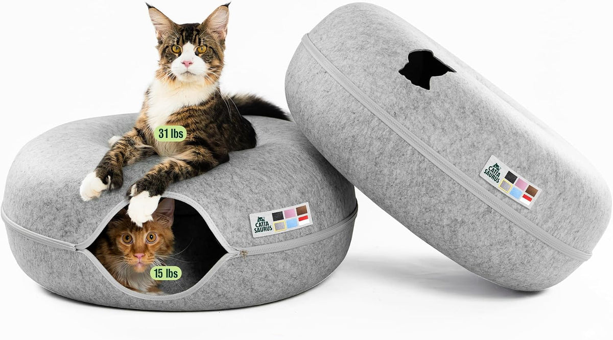 Peekaboo Cat Cave Donut for Multiple & Large Cats up to 30-45 lbs, 3-in-1 Self Warming Cat Bed, Tunnel & Scratcher for Indoor Cats, Washable & Detachable Small Dog Bed (Light Gray, Jumbo)