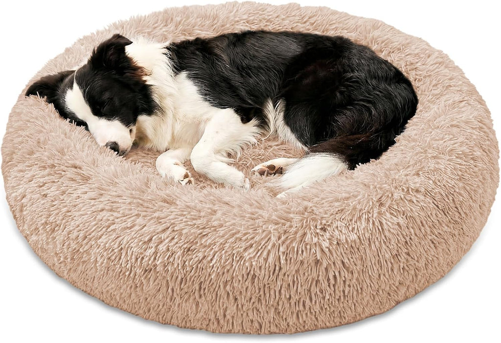 JOLLYVOGUE Calming Dog Bed Medium Size Dog, 31in Donut Washable Medium Pet Bed, Anti-Slip & Anti-Anxiety Fluffy Faux Fur Round Dogs Bed, Fits up to 45 lbs Pets (Smoke Grey)