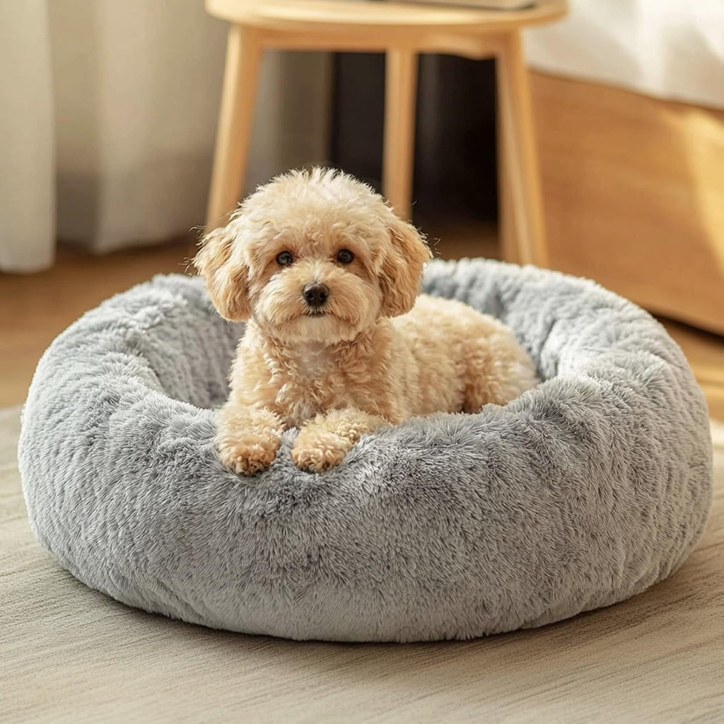 JOLLYVOGUE Calming Dog Bed Medium Size Dog, 31in Donut Washable Medium Pet Bed, Anti-Slip & Anti-Anxiety Fluffy Faux Fur Round Dogs Bed, Fits up to 45 lbs Pets (Smoke Grey)