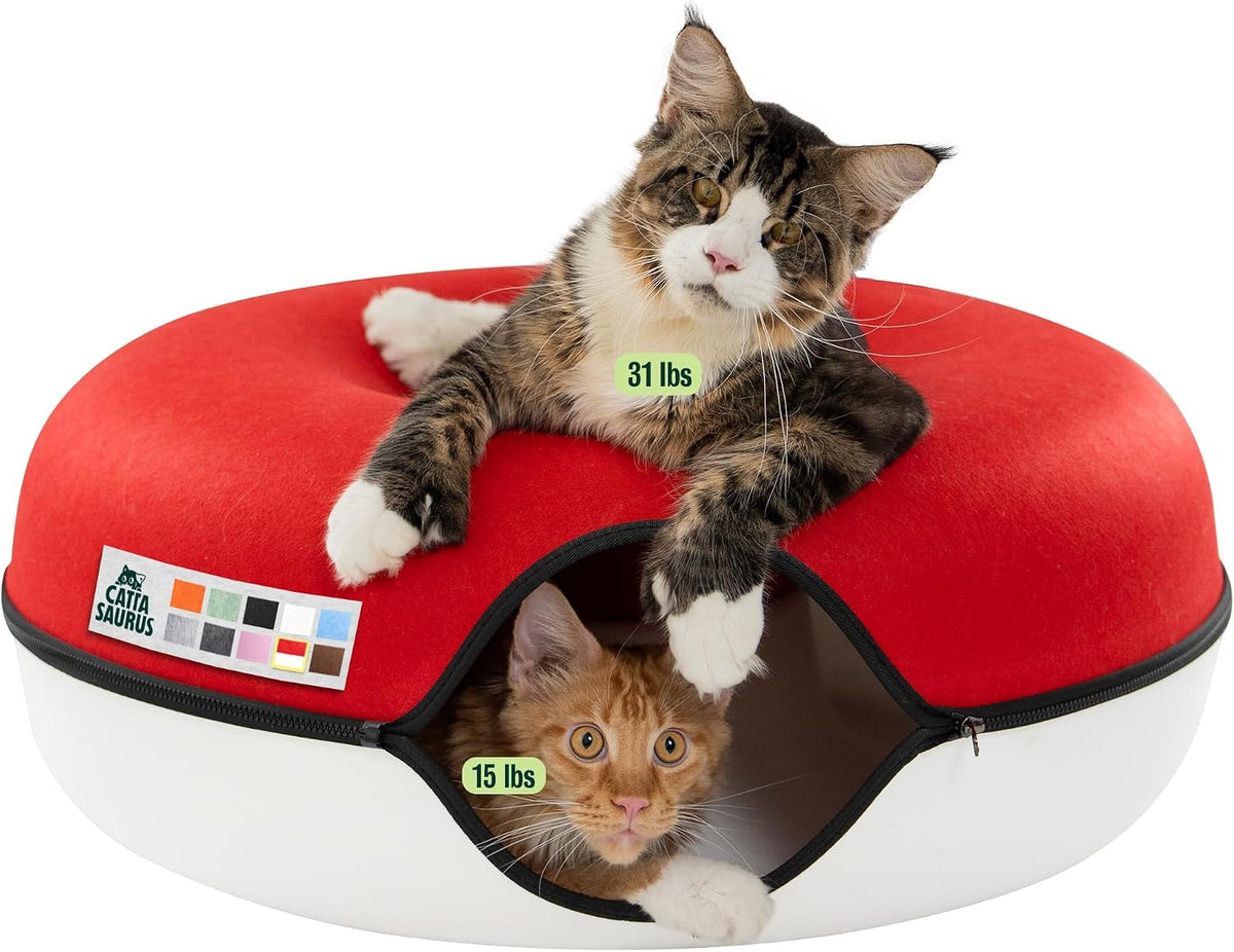 Peekaboo Cat Cave Donut for Multiple & Large Cats up to 30-45 lbs, 3-in-1 Self Warming Cat Bed, Tunnel & Scratcher for Indoor Cats, Washable & Detachable Small Dog Bed (Light Gray, Jumbo)