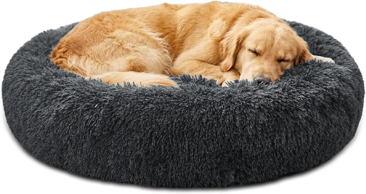 JOLLYVOGUE Calming Dog Bed Medium Size Dog, 31in Donut Washable Medium Pet Bed, Anti-Slip & Anti-Anxiety Fluffy Faux Fur Round Dogs Bed, Fits up to 45 lbs Pets (Smoke Grey)