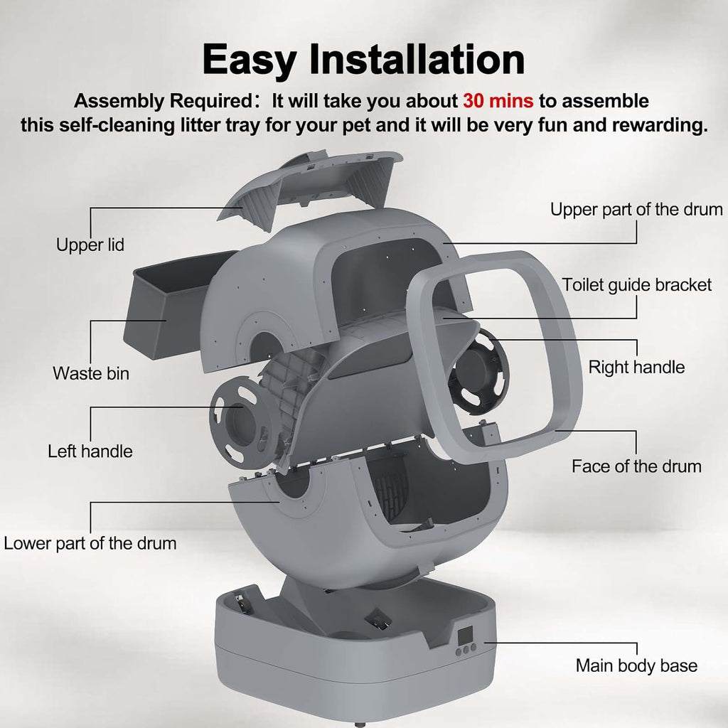 UPFAS Automatic Cat Litter Box Self Cleaning - APP Control - Weight Monitoring - Ultra-Quiet, Medium Cats and Kittens Litter Box, Safe Anti-Pinch【Assembly Required】- Grey