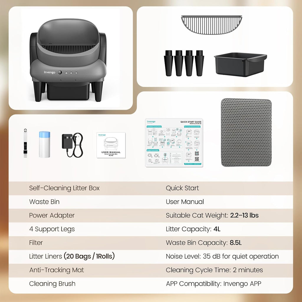 Invengo Automatic Self-Cleaning Cat Litter Box, Open Top Design with Safety Sensors and Anti-Pinch Protection, Smart Automatic Litter Box for Small & Medium Cats and Multi-Cat Homes, Charcoal Grey