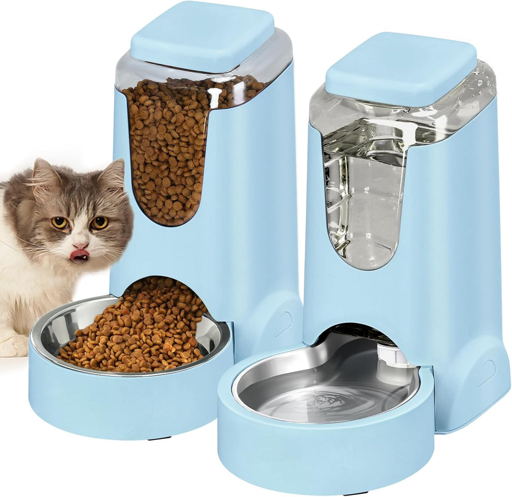 Automatic Cat Feeder and Water Dispenser with Stainless Steel Bowl Dog Gravity Food Feeder and Waterer for Small Medium Pets Puppy Kitten 1 Gallon x 2