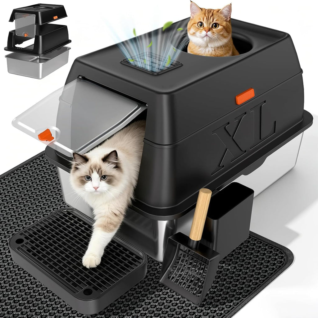 XL Enclosed Stainless Steel Litter Box with Lid,Black