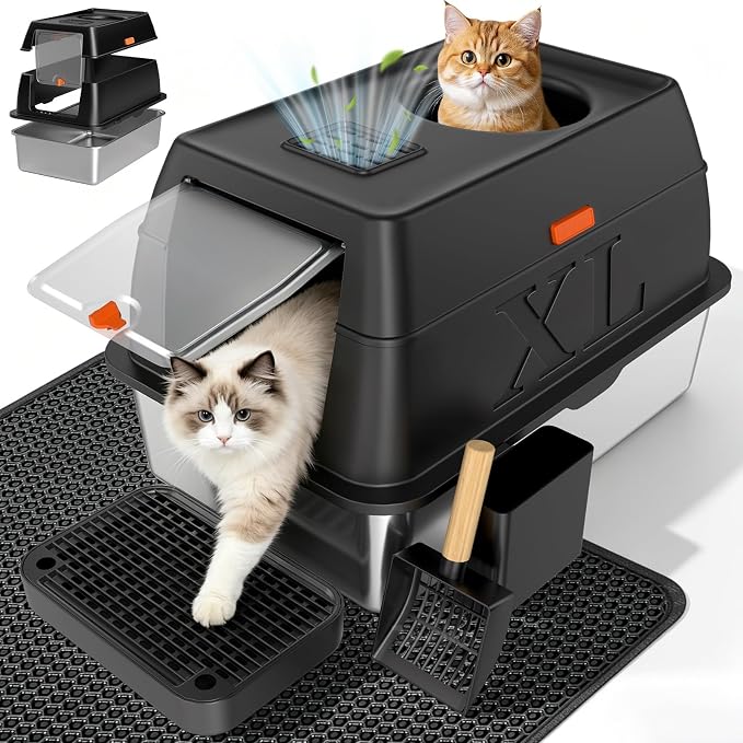 XL Enclosed Stainless Steel Litter Box with Lid,Black