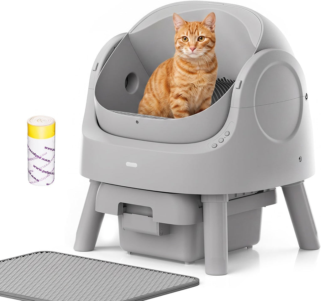 Mimfam Automatic Self Cleaning Litter Box, with 4 Pairs Infrared Senor, Open-Top Design for Multi-Cat Homes, Comes with Liner Bags and Cat Litter Mat, Grey