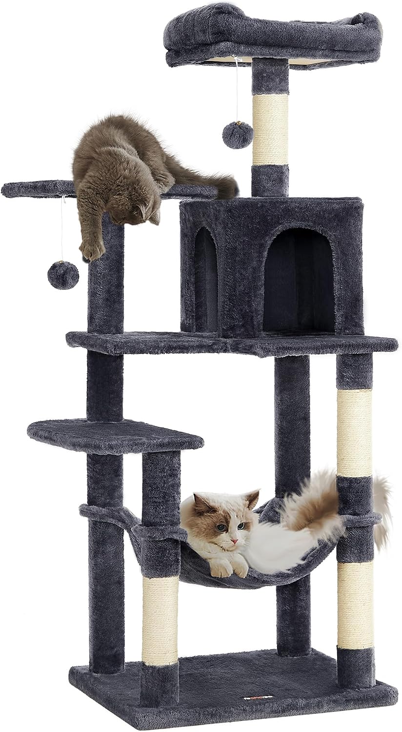 Feandrea Cat Tree, 59.5-Inch Tall Cat Tower, Multi-Level Condo, Light Gray