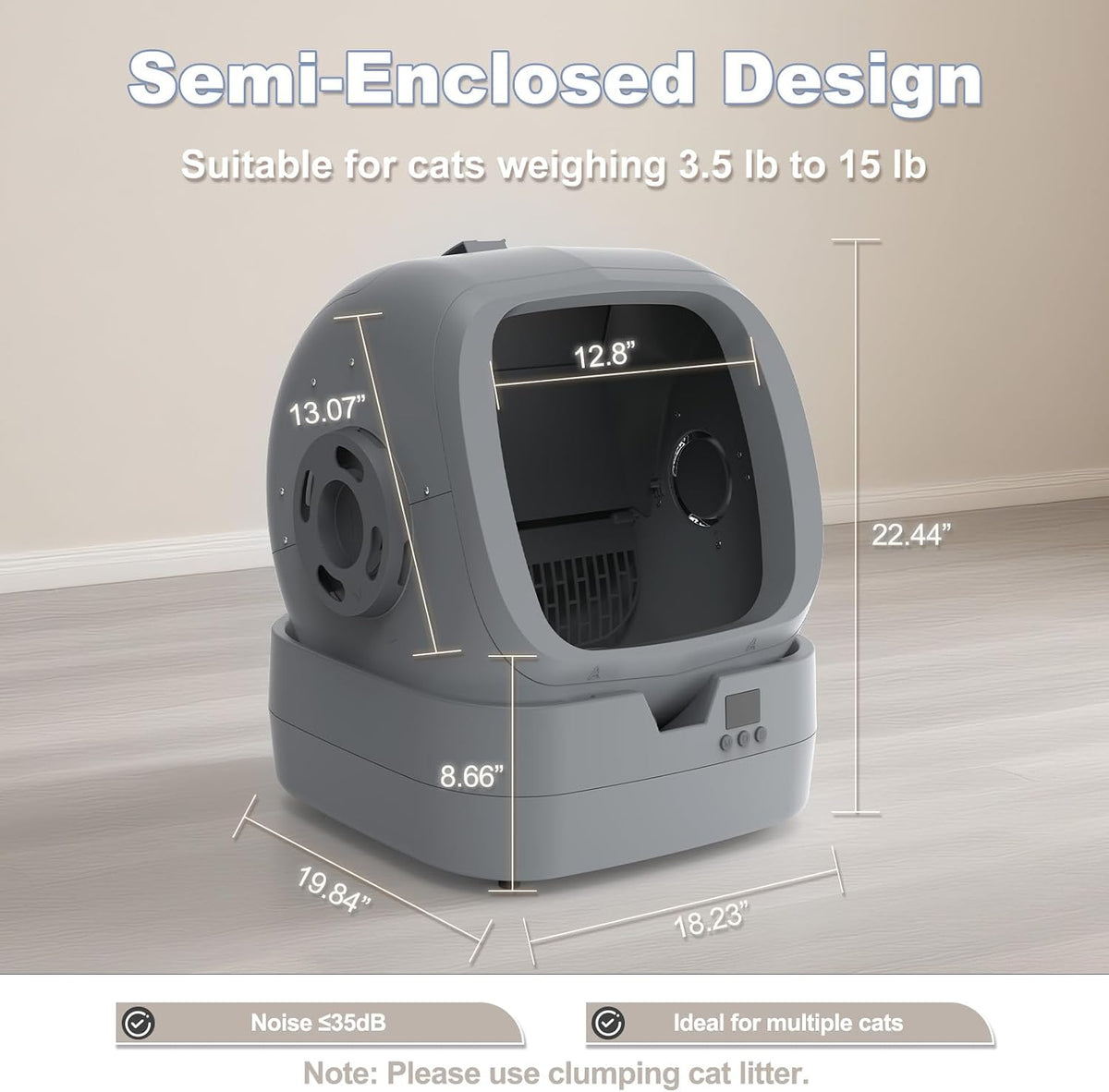 UPFAS Automatic Cat Litter Box Self Cleaning - APP Control - Weight Monitoring - Ultra-Quiet, Medium Cats and Kittens Litter Box, Safe Anti-Pinch【Assembly Required】- Grey