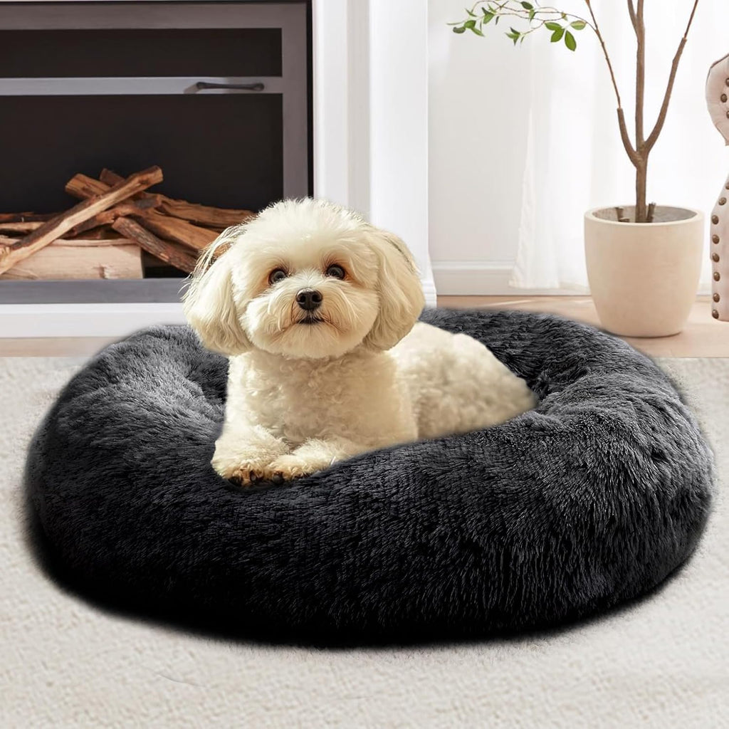 JOLLYVOGUE Calming Dog Bed Medium Size Dog, 31in Donut Washable Medium Pet Bed, Anti-Slip & Anti-Anxiety Fluffy Faux Fur Round Dogs Bed, Fits up to 45 lbs Pets (Smoke Grey)