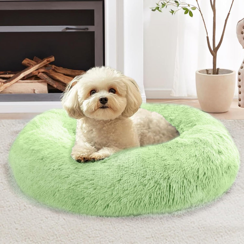 JOLLYVOGUE Calming Dog Bed Medium Size Dog, 31in Donut Washable Medium Pet Bed, Anti-Slip & Anti-Anxiety Fluffy Faux Fur Round Dogs Bed, Fits up to 45 lbs Pets (Smoke Grey)