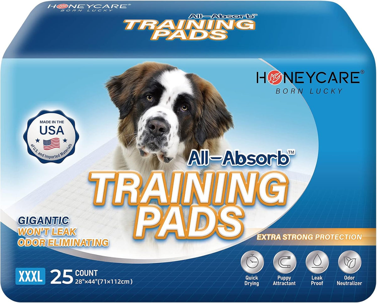 HONEY CARE All-Absorb, X-Large 28" x 34", 40 Count, Dog and Puppy Training Pads, Ultra Absorbent and Odor Eliminating, Leak-Proof 5-Layer Potty Training Pads with Quick-Dry Surface, Blue