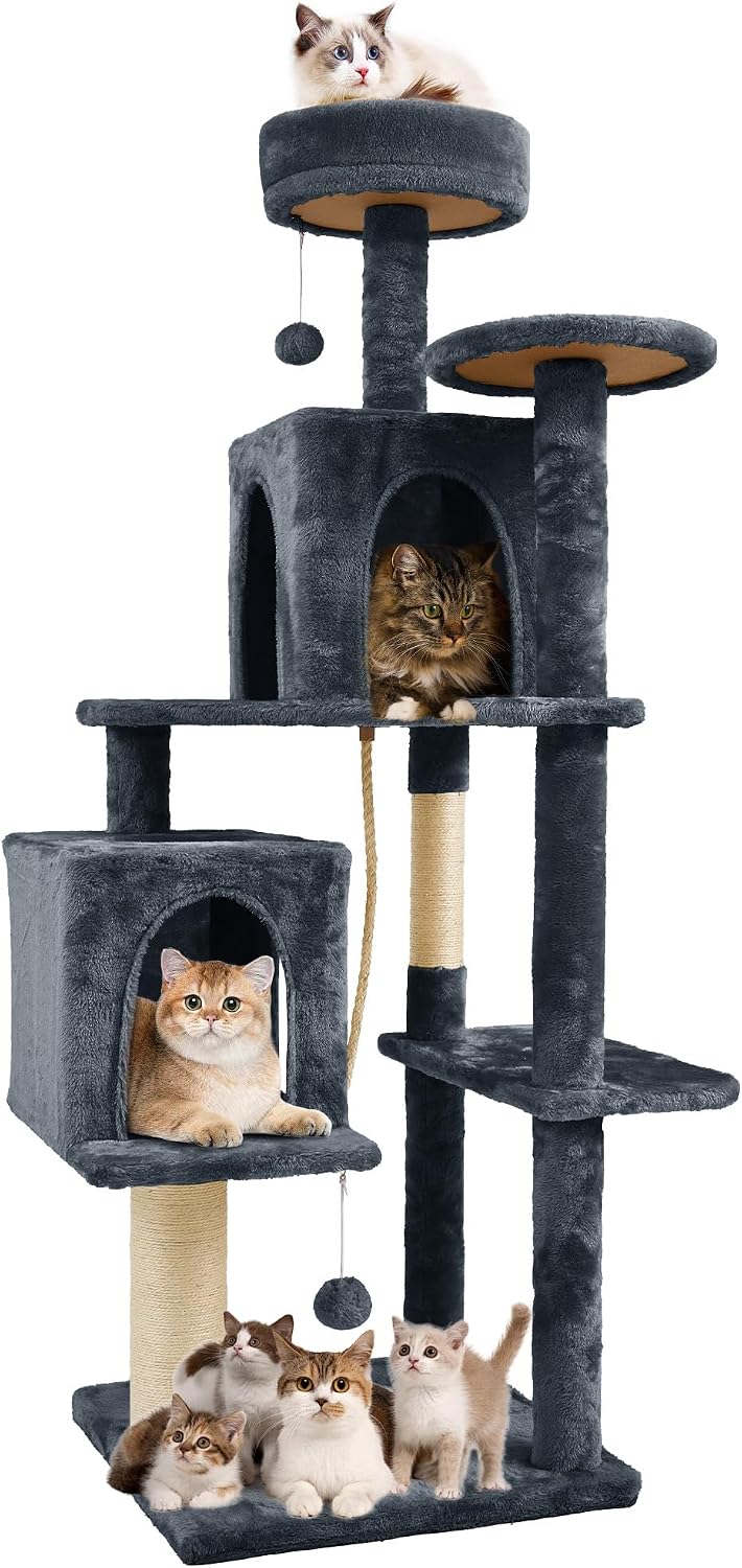 58.5inch Large Cat Tree Tower Condo for Indoor Cats, Soft Plush Multi-Level Climbing Tree Cat House with Cat Cave, Scratching Post, More Entrance/Exit, Sisal Rope, Grey Black