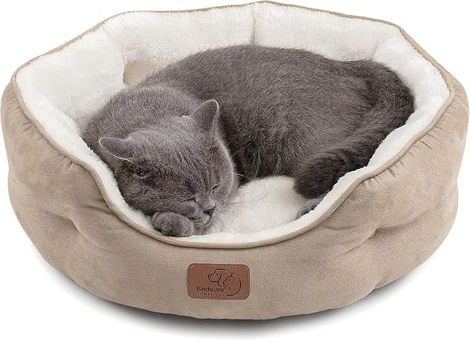 Bedsure Small Dog Bed Washable,Round Cat Beds for Indoor Cats,20in Camel