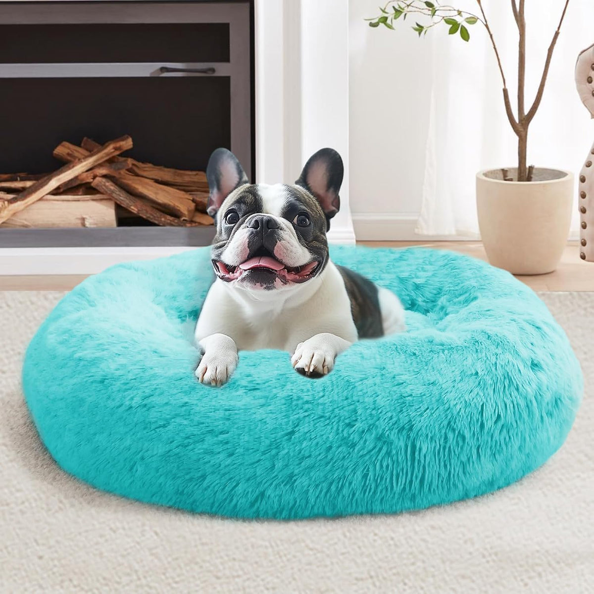 JOLLYVOGUE Calming Dog Bed Medium Size Dog, 31in Donut Washable Medium Pet Bed, Anti-Slip & Anti-Anxiety Fluffy Faux Fur Round Dogs Bed, Fits up to 45 lbs Pets (Smoke Grey)