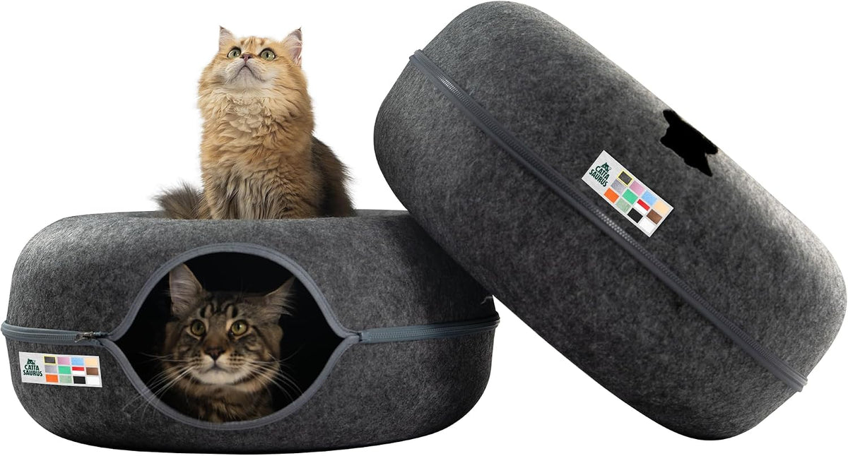 Peekaboo Cat Cave Donut for Multiple & Large Cats up to 30-45 lbs, 3-in-1 Self Warming Cat Bed, Tunnel & Scratcher for Indoor Cats, Washable & Detachable Small Dog Bed (Light Gray, Jumbo)