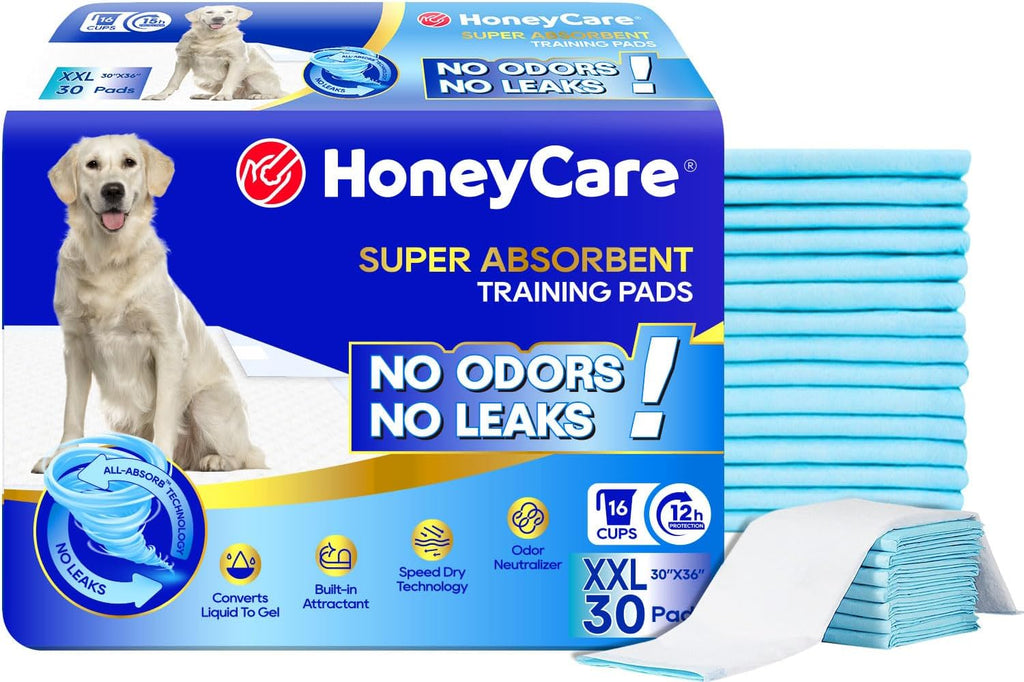 HONEY CARE All-Absorb, X-Large 28" x 34", 40 Count, Dog and Puppy Training Pads, Ultra Absorbent and Odor Eliminating, Leak-Proof 5-Layer Potty Training Pads with Quick-Dry Surface, Blue