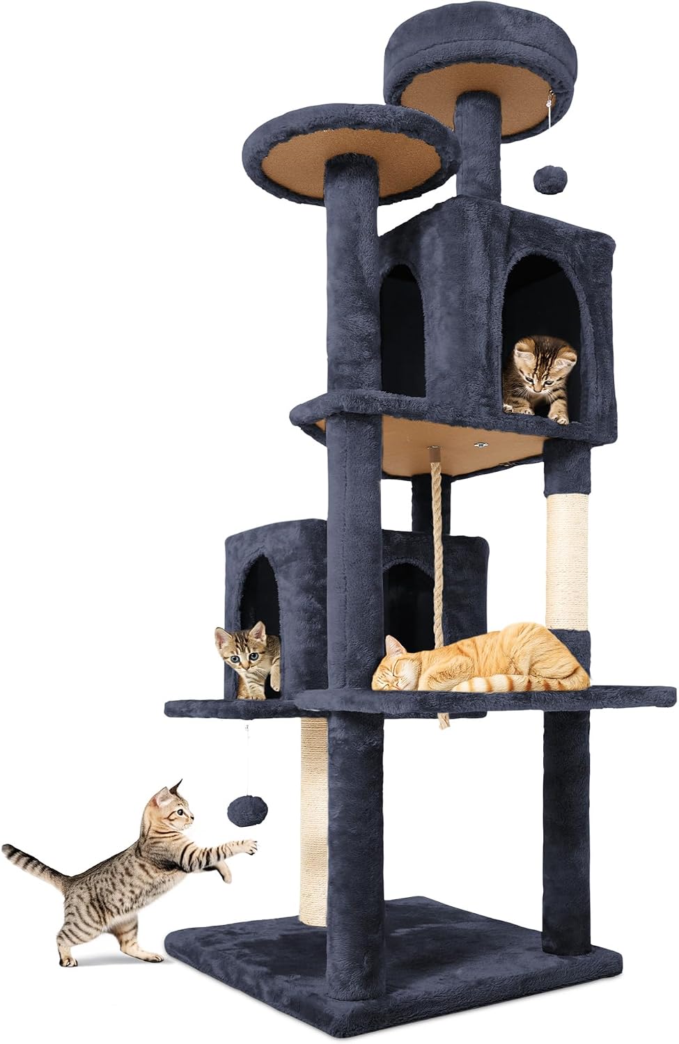 58.5inch Large Cat Tree Tower Condo for Indoor Cats, Soft Plush Multi-Level Climbing Tree Cat House with Cat Cave, Scratching Post, More Entrance/Exit, Sisal Rope, Grey Black