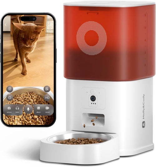 Automatic Cat Feeder with Camera: 6L Automatic Dog Feeder with 2-Way Audio Night Vision Dual Power Supply App Control 2.4G WiFi, Timed Auto Cat Food Dispenser with Stainless Steel Bowl (White)