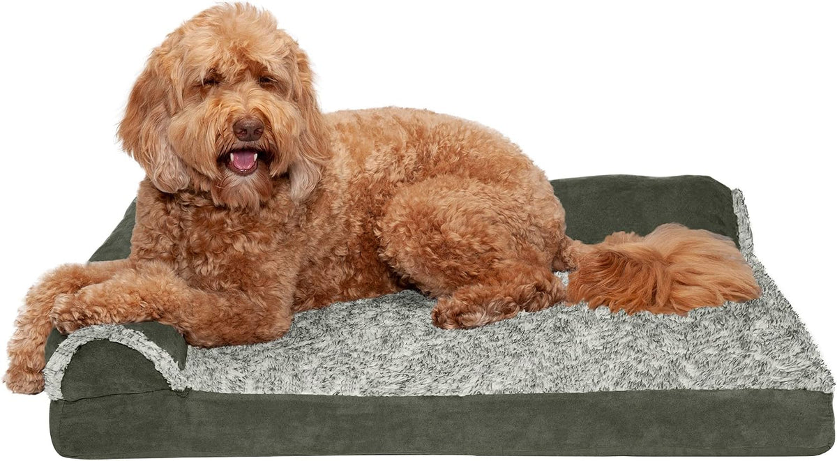 Furhaven Orthopedic Dog Bed for Large Dogs w/ Removable Bolsters & Washable Cover, For Dogs Up to 95 lbs - Two-Tone Plush Faux Fur & Suede L Shaped Chaise - Stone Gray, Jumbo/XL